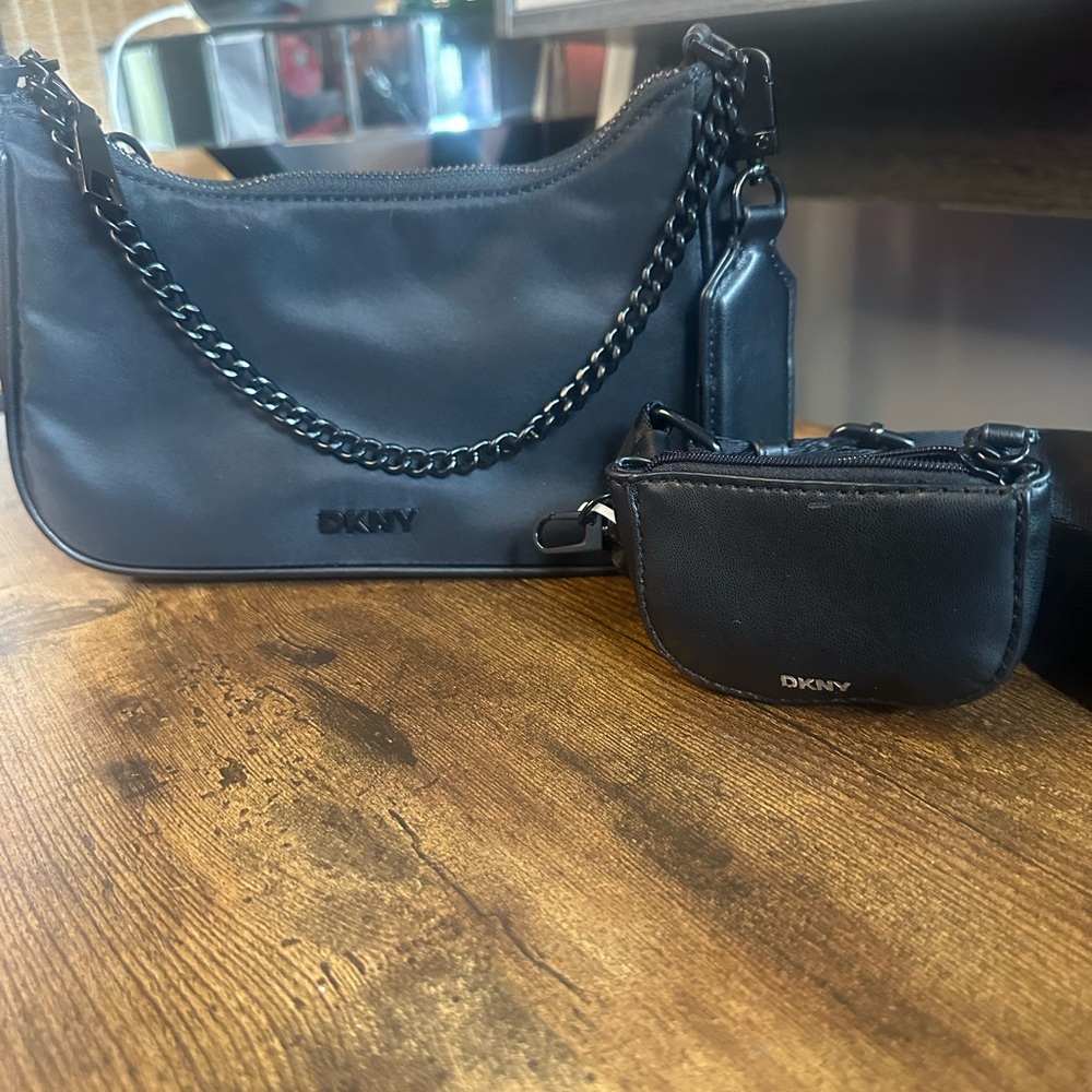 DKNY Black Leather Shoulder Bag with Chain Handle and Mini Pouch